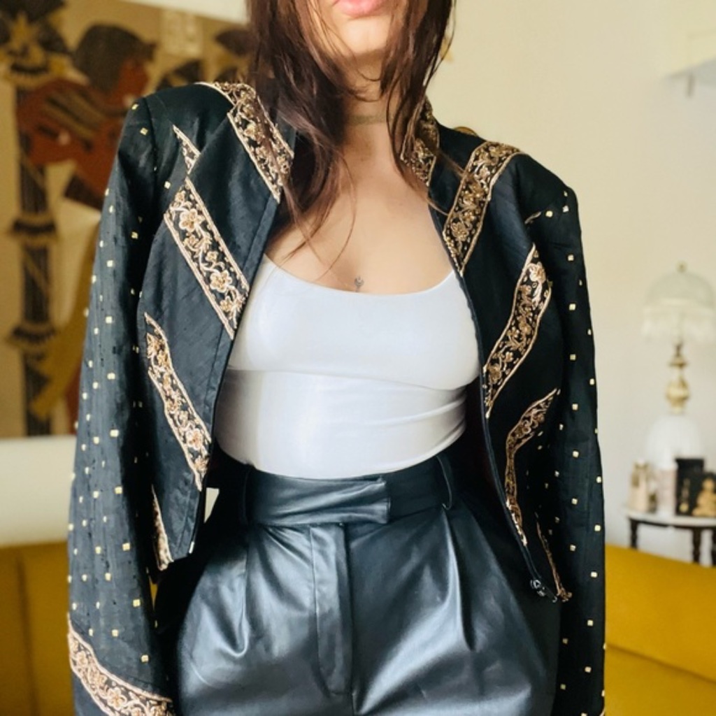Vintage Rare Hobby Horse Cropped Silk Show Riding Jacket BlackGold Threading